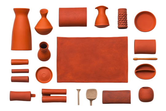 Terracotta objects arranged in a grid pattern.  Various shapes and sizes of terracotta pottery