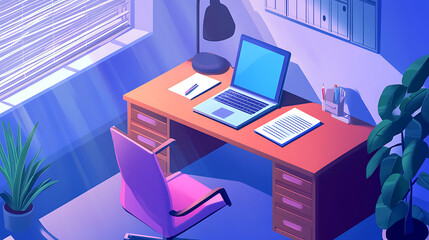 A computer desk with a laptop and a chair