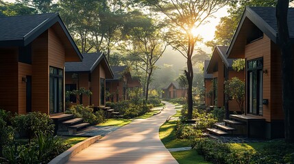 A row of affordable, energy-efficient homes surrounded by green spaces, representing dignity and stability in combating poverty through accessible housing solutions 