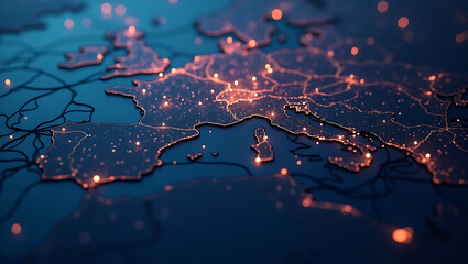 Futuristic Digital Circuit Board Map with Glowing Data Points and Connectivity Lines