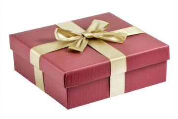 Fototapeta premium Burgundy gift box with gold ribbon. A square gift box, deep burgundy in color, is adorned with a golden ribbon and a bow
