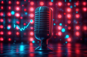 Retro-style microphone illuminated with blue and red lighting with digital signal wave in a futuristic colorful background