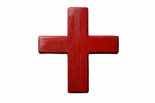 Simple red wooden cross isolated on studio shot god hope love icon sign on transparent background