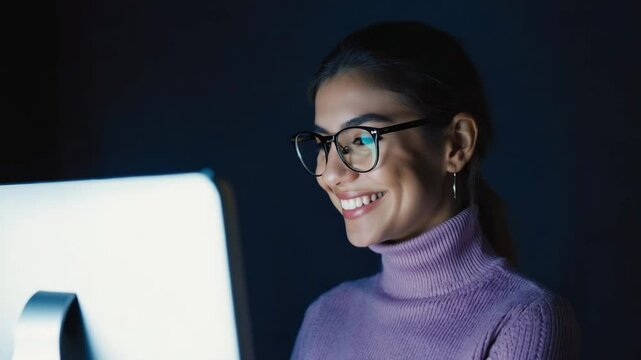 A woman in glasses looking at the computer screen smiling in the dark. This image shows a dedicated individual working on a computer in a dark environment