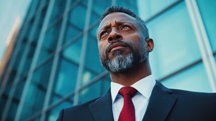 A confident businessman stands in an urban setting dressed in a formal suit, exuding professionalism, ambition, and determination in a corporate environment.