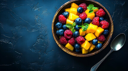 Delicious Fresh Fruit Salad with Mango Raspberries and Blueberries