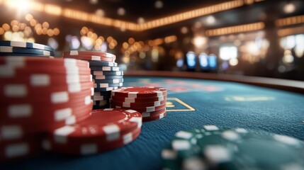 A vibrant collection of casino chips stacked elegantly on a green felt table, evoking the excitement of gambling and the allure of chance in a lively casino atmosphere.
