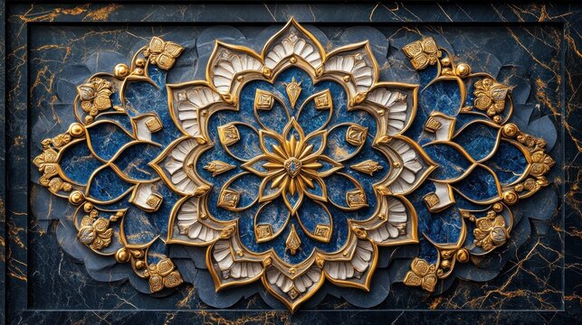 Intricate gold and blue marble floral relief carving.