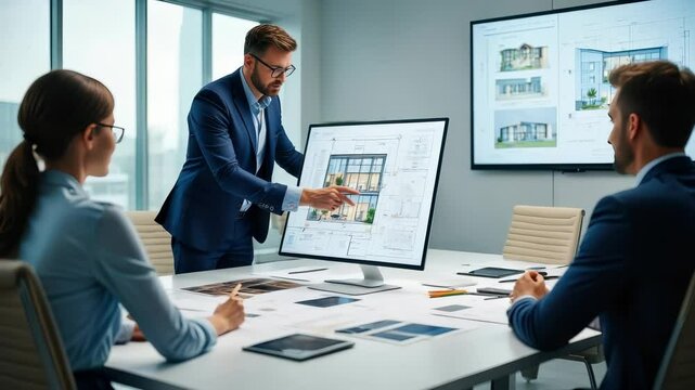Team of architects analyzing and discussing a blueprint on a computer screen during a meeting in a modern office, showcasing teamwork and collaboration in architectural design