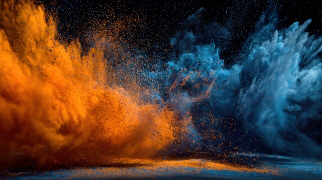 Abstrakte Farbexplosion in Orange und Blau auf schwarzem Hintergrund