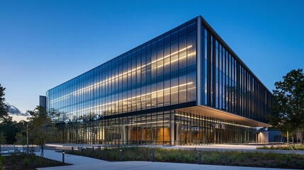 Naklejka premium A state-of-the-art R&D building with a modern glass exterior and metallic accents, showcasing a spacious and innovative design suitable for cutting-edge technology 