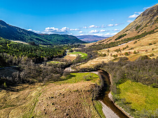 Glen Nevis Valley and River Navis from a drone, Fort William, Lochaber, Highland, Scotland