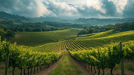 Fototapeta premium Vineyard Vista: Verdant Rows and Rolling Hills Under a Dramatic Sky