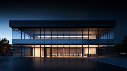 A striking view of a modern office building at night, its glass facade mostly dark except for a single corner office shining brightly, capturing the quiet energy of late-night productivity 