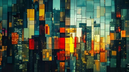 A striking view of a reflective skyscraper in the financial district, its glass panels showing fragmented images of other office towers and urban vibrancy, highlighting economic strength 