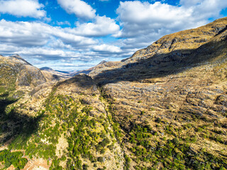 Glen Nevis Valley and River Navis from a drone, Fort William, Lochaber, Highland, Scotland
