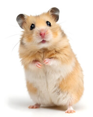 Golden hamster standing upright on a white background looking directly at the camera with curiosity