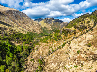 Glen Nevis Valley and River Navis from a drone, Fort William, Lochaber, Highland, Scotland