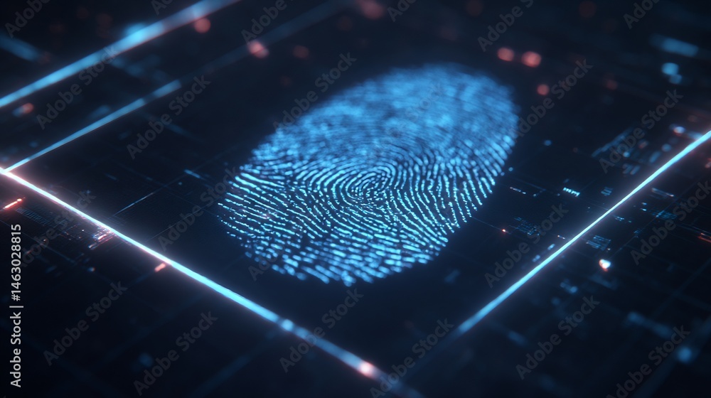 Poster futuristic fingerprint scan with circuit board, digital identity verification