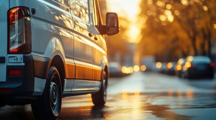Close-up of a white van parked on a wet street with warm golden sunlight reflecting off the vehicle and the shiny road surface during sunset