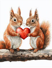 Squirrels Love Heart Wood Painting Animal Couple Affection Nature Art Illustration Adorable Creativity Wholesome Woodland Colorful Brown Furry Playful Characters Relationship Charming Cute Scene