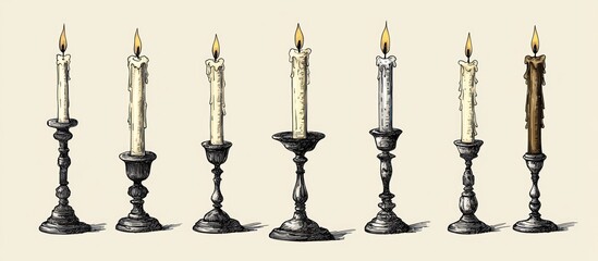 Hand-drawn illustration of lit candles in ornate candlesticks evoking historical ambiance
