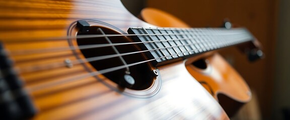 close up of a guitar neck and strings