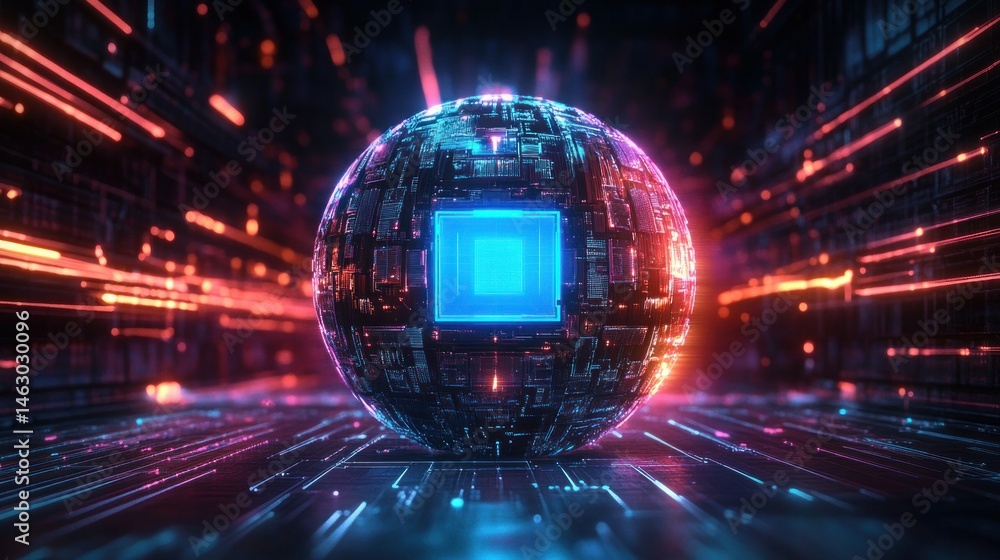 Poster glowing futuristic digital sphere with neon blue and orange circuit patterns floating in a dark high