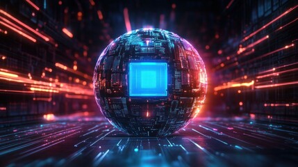 Glowing futuristic digital sphere with neon blue and orange circuit patterns floating in a dark high-tech environment full of light trails