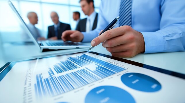 Business team analyzing data on a tablet. Close-up of hands reviewing financial charts and graphs on a digital tablet