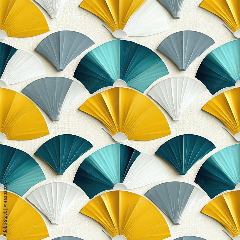 Leinwandbilder Abstract geometric pattern of overlapping semi-circular fan shapes in yellow, teal, light blue, gray, and white creating a harmonious and rhythmic visual texture