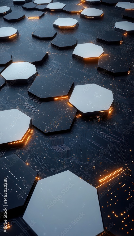 Poster close-up of interconnected hexagonal metallic plates with illuminated orange circuit patterns on a d