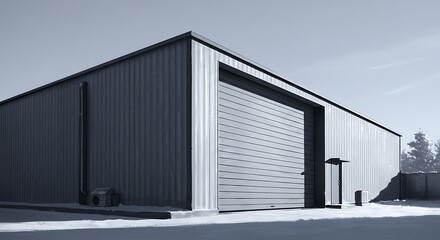 Fototapeta premium black and white minimalist sketch, futuristic steel mercial garage building against a straight wall, under daybreak shine, icy blue tones, subject at top, ample copy space at the bottom