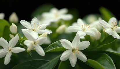 Obraz premium Close-up view of delicate white flowers with slender petals surrounded by lush green leaves in a natural setting