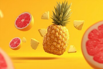 Floating Pineapple and Grapefruit Slices on Yellow Background