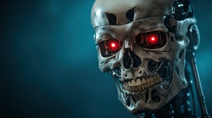 This image showcases a striking metallic robotic skull, featuring glowing red eyes, symbolizing the intersection of technology and humanity's future in a captivating artistic style.