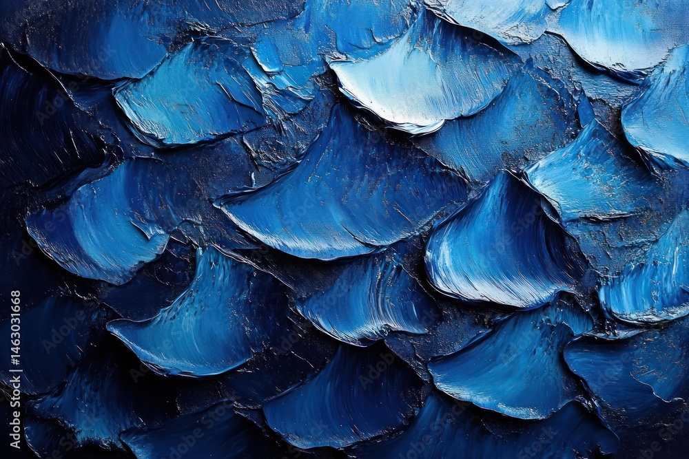 Fototapete Close-up of textured blue paint strokes layered thickly creating an abstract, dynamic pattern with rich shades of blue and hints of black and white