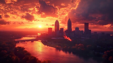 Fototapeta premium Aerial view of Cleveland, Ohio, at sunset, with iconic skyscrapers like Key Tower and the Terminal Tower standing prominently against a fiery sky, framed by the Cuyahoga River and lush surroundings 