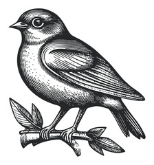 Vintage Hand-Drawn Bird Illustration with Branch and Leaves