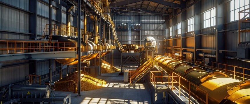 Inside a modern gold processing plant, cyanide leaching tanks and conveyors are lit by industrial lights casting shadows on machinery.
