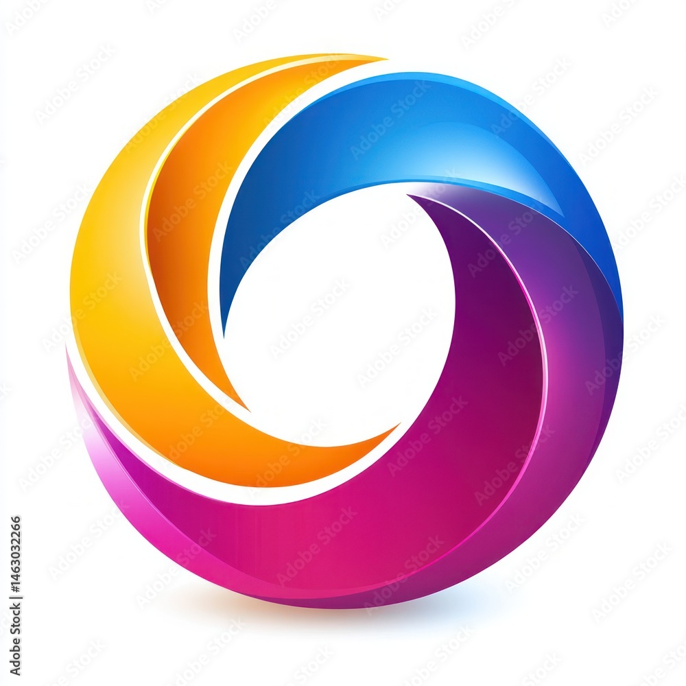 Poster abstract circular swirl made of three glossy curved segments colored orange, blue, and purple mergin