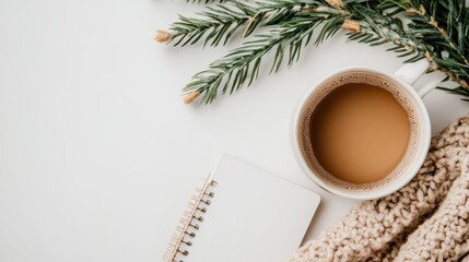 A warm cup of coffee sits next to a cozy knitted blanket, surrounded by pine branches, evoking a sense of comfort and tranquility on a cold winter day.