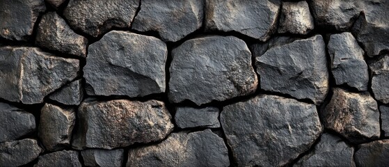 Obraz premium Close-up of a rough, textured dark stone wall with irregularly shaped stones tightly packed together showing natural cracks and rugged surface