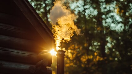 Obraz premium Sunset smoke cabin woods autumn forest warmth