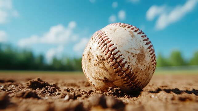 A weathered baseball lays on rough infield dirt, symbolizing the spirit of sport and nostalgia, evoking memories of summer games and childhood cheer.