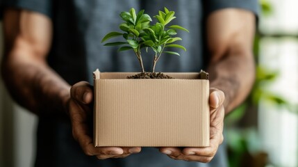 A person presenting a box containing a thriving plant, symbolizing growth, sustainability, and the nurturing spirit of the environment in a contemporary living space.