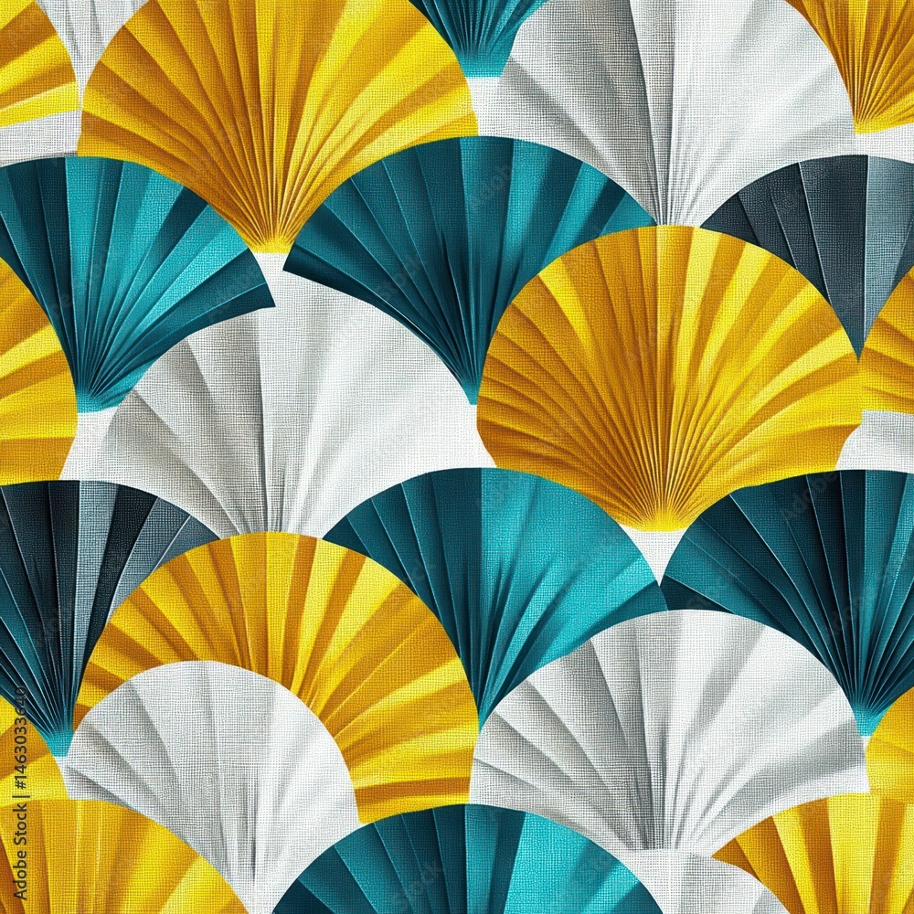Poster repeating pattern of overlapping fan shapes in teal, yellow, white, and black with textured fabric d