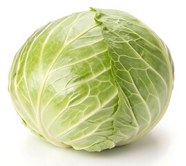 Obraz premium Fresh, Round Green Cabbage Head Isolated on White Background, Perfect for Illustrating Healthy Eating and Vegetable Concepts