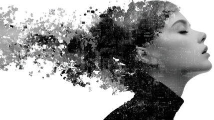 Moment of Contemplation: A captivating, black and white artistic portrait, blending a woman's profile with a textured overlay that gives an ethereal quality.