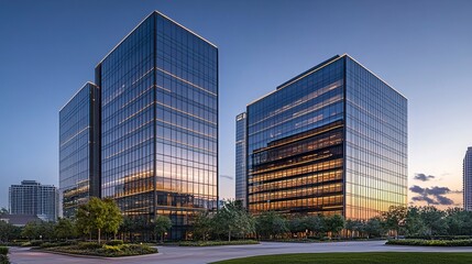 Tall office buildings with sleek reflective glass surfaces, creating dynamic visual patterns as they mirror neighboring structures and the surrounding cityscape 